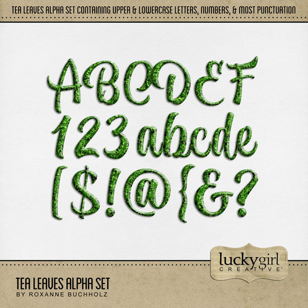 Cozy up your digital scrapbooking page titles with this tasty tea-inspired alpha set by Lucky Girl Creative digital art! Great for travel to Asia, Japan, China, and more! The alpha set consists of a full set of digital art uppercase alphabet letters A-Z, lowercase letters a-z, numbers 0-9, and most punctuation marks. This alpha set is available as individual embellishments only. This kit is included in the Tea Alpha Bundle.