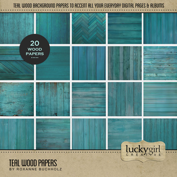 Accent your traditional seasonal pages with these teal wood grain papers by Lucky Girl Creative digital art for digital scrapbooking. Great for summer, spring, floral, beach, vacation, and everyday pages, too! This kit is included in the Summer Season Papers Bundle.