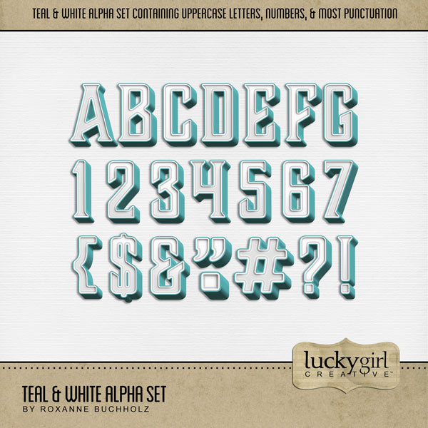 These sweet teal and white alphabet and number digital scrapbooking embellishments are easy to use for everyday digital scrapbook page titles and special occasions such as Valentine's Day, Easter, and baby pages. The Teal & White Alpha Set consists of a full set of digital art uppercase alphabet letters A-Z, numbers 0-9, and most punctuation marks. This alpha set is available as individual embellishments only. This kit is included in the Valentine Sweet Shop Bundle.