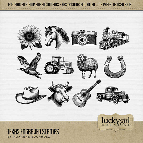 Celebrate Texas with these beautiful engraved stamp embellishments by Lucky Girl Creative digital art for digital scrapbooking. Great for vacations to Texas, the Southwest, Arizona, Mexico, parts of Oklahoma and Louisiana, Houston, Dallas, Austin, San Antonio, Fort Worth, El Paso, Arlington, Amarillo, Plano, Midland, Lubbock, Galveston, and more. Embellishments include cow, duck, sheep, camera, cowboy hat, tractor, guitar, horse, horseshoe, pickup truck, sunflower, train, and railway locomotive.