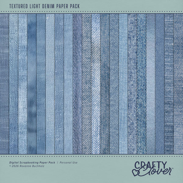 Add these lightly textured denim background papers by Crafty Clover digital art to all your digital scrapbooking pages! Wonderful for everyday, family, and children's scrapbook pages. This kit is NOT included in any bundle.