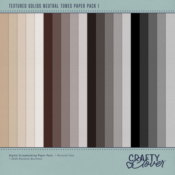 Add these lightly textured background papers by Crafty Clover digital art to all your digital scrapbooking pages! brown, tan, gray, and black, these papers add that much needed pop of colors. Wonderful for everyday scrapbook pages, and special occasions, too! This kit is NOT included in any bundle.