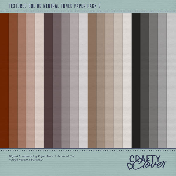 Add these lightly textured background papers by Crafty Clover digital art to all your digital scrapbooking pages! In hues of brown, taupe, gray, and black, these papers add that much needed pop of colors. Wonderful for everyday scrapbook pages, and special occasions, too! This kit is NOT included in any bundle.