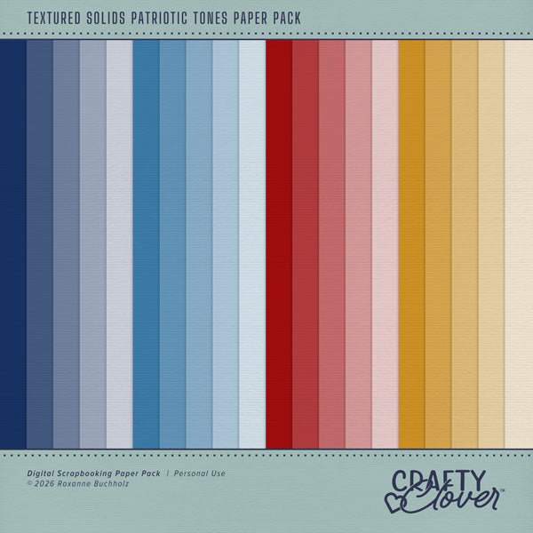 Add these lightly textured background papers by Crafty Clover digital art to all your digital scrapbooking pages! In hues of red, yellow, and blue, these papers add so much fun to all your patriotic projects including greeting cards and holiday decor. Wonderful for everyday scrapbook pages, too! This kit is NOT included in any bundle.