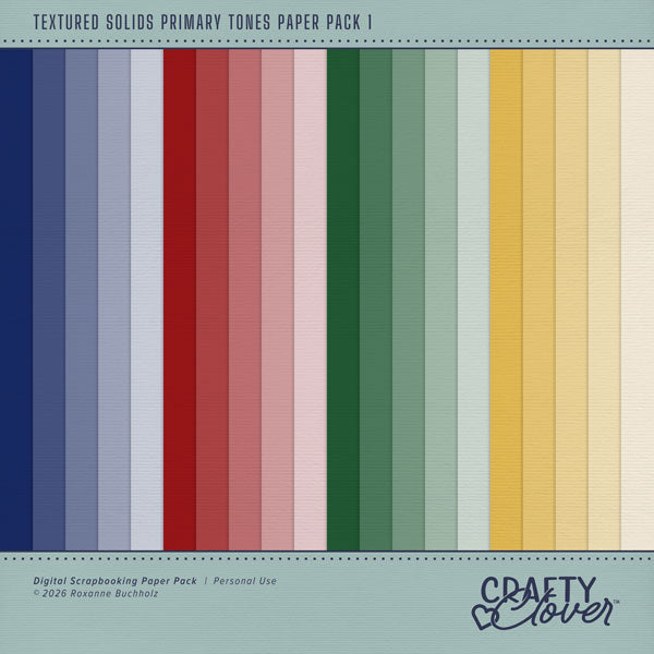 Add these lightly textured background papers by Crafty Clover digital art to all your digital scrapbooking pages! In hues of red, yellow, green, and blue, these papers add that much needed pop of colors. Wonderful for everyday scrapbook pages and special occasions, too! This kit is NOT included in any bundle.