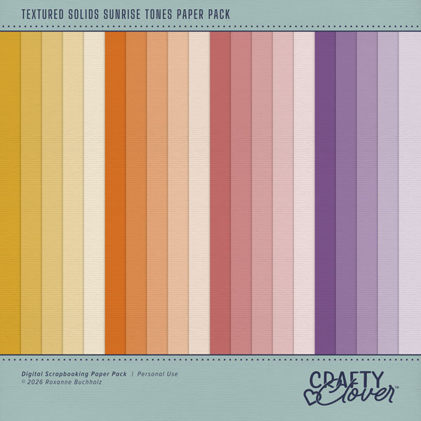 Add these lightly textured background papers by Crafty Clover digital art to all your digital scrapbooking pages! In hues of yellow, orange, pink, and purple, these papers add that much needed pop of colors. Wonderful for everyday scrapbook pages and special occasions, too! This kit is NOT included in any bundle.