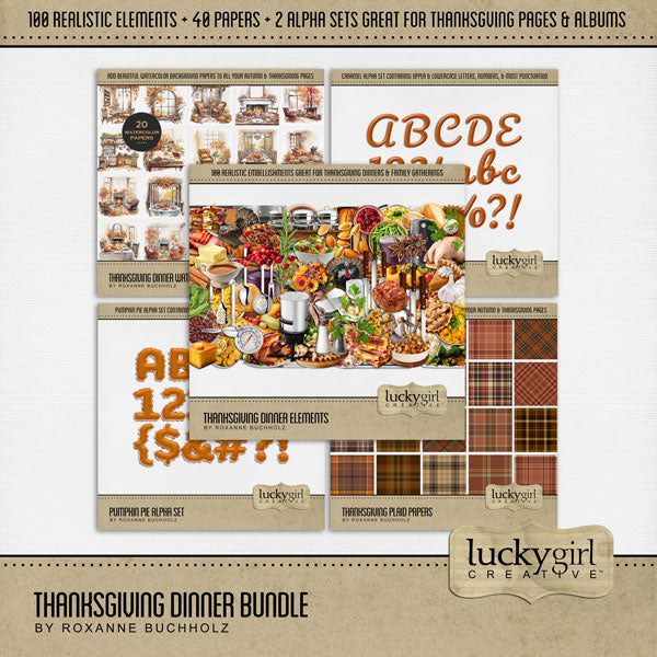 Accent your Thanksgiving greeting cards and traditional holiday pages with these yummy and realistic embellishments, plaid and watercolor papers, and 2 alpha sets in caramel and pumpkin pie by Lucky Girl Creative digital art for digital scrapbooking. Great for the Thanksgiving holiday, family dinners, fall, autumn, and even cooking and baking! 