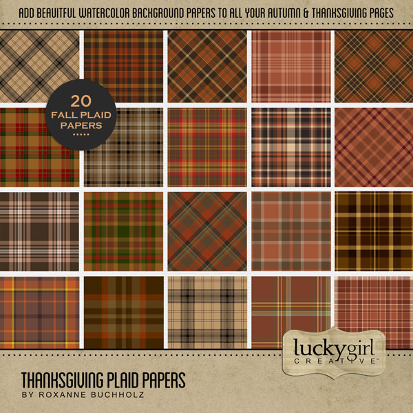 Accent your Thanksgiving greeting cards and traditional holiday pages with these plaid tartan papers in classic colors of orange, brown, green, and tan by Lucky Girl Creative digital art for digital scrapbooking. Great for the Thanksgiving holiday, fall, autumn, and more! This kit is included in the Thanksgiving Dinner Bundle.