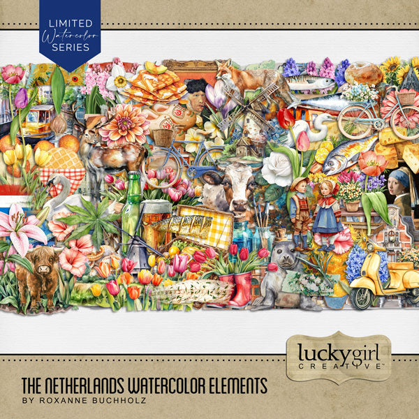 Create stylish digital scrapbooking pages of your vacation or holiday to Amsterdam, Holland, or The Netherlands with these beautiful watercolor embellishments by Lucky Girl Creative digital art. Great for spring flower garden pages, too! Embellishments include bird, egret, heron, swan, cow, deep, fish, fox, Highland cow, seal, architecture, building, home, house, bag, bicycle, flag of The Netherlands, river boat, cruise, bridge, castle, beer, Dutch children, wooden shoes, tulips, flower garden, bulb.