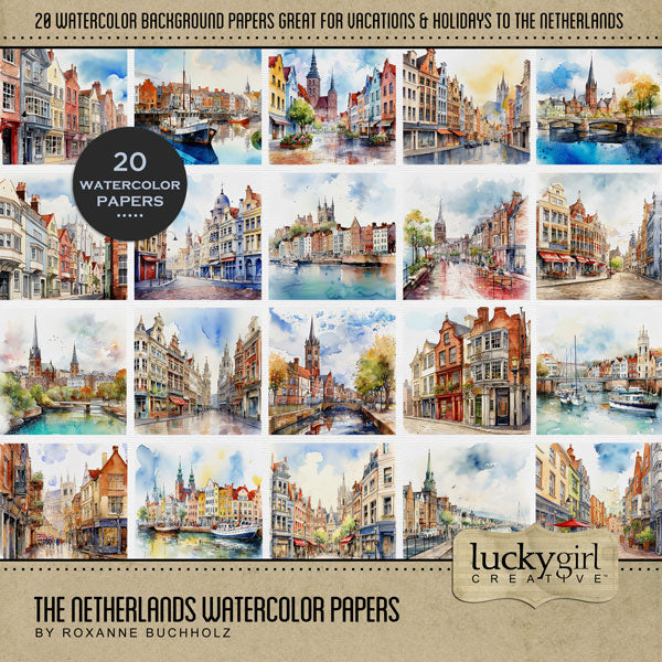 Create stylish digital scrapbooking pages of your vacation or holiday to Amsterdam, Holland, or The Netherlands with these scenic city watercolor background papers by Lucky Girl Creative digital art. From the city square, downtown buildings, and classical architecture to the canals and waterways around town, these papers will add an artistic backdrop to highlight your favorite photos. This kit is included in The Netherlands Watercolor Bundle.