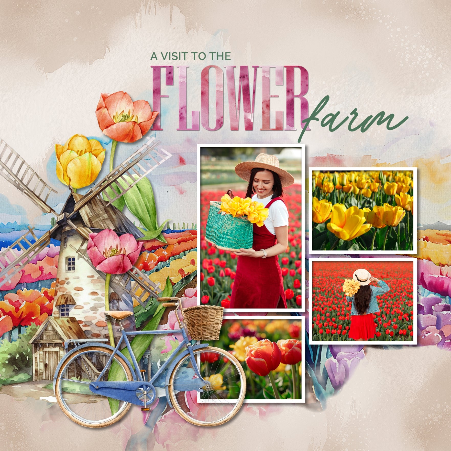 Create stylish digital scrapbooking pages of your vacation or holiday to Amsterdam, Holland, or The Netherlands with these beautiful watercolor embellishments, papers, and tulip overlays by Lucky Girl Creative digital art. Great for spring flower garden pages, too! Embellishments include bird, egret, heron, swan, cow, deep, fish, fox, Highland cow, seal, architecture, building, home, house, bag, bicycle, flag of The Netherlands, river boat, cruise, bridge, castle, beer, Dutch children, wooden shoes, tulips.