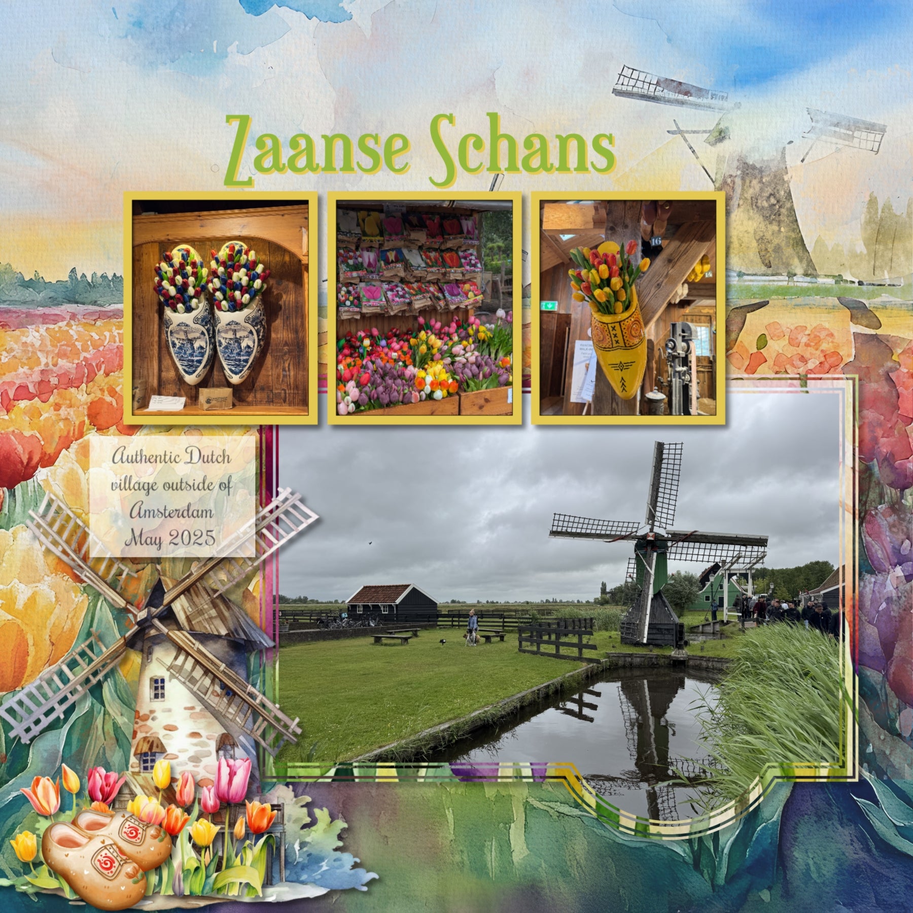 Create stylish digital scrapbooking pages of your vacation or holiday to Amsterdam, Holland, or The Netherlands with these beautiful watercolor embellishments, papers, and tulip overlays by Lucky Girl Creative digital art. Great for spring flower garden pages, too! Embellishments include bird, egret, heron, swan, cow, deep, fish, fox, Highland cow, seal, architecture, building, home, house, bag, bicycle, flag of The Netherlands, river boat, cruise, bridge, castle, beer, Dutch children, wooden shoes, tulips.