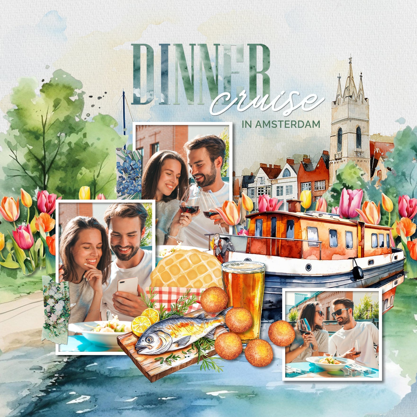 Create stylish digital scrapbooking pages of your vacation or holiday to Amsterdam, Holland, or The Netherlands with these beautiful watercolor embellishments, papers, and tulip overlays by Lucky Girl Creative digital art. Great for spring flower garden pages, too! Embellishments include bird, egret, heron, swan, cow, deep, fish, fox, Highland cow, seal, architecture, building, home, house, bag, bicycle, flag of The Netherlands, river boat, cruise, bridge, castle, beer, Dutch children, wooden shoes, tulips.