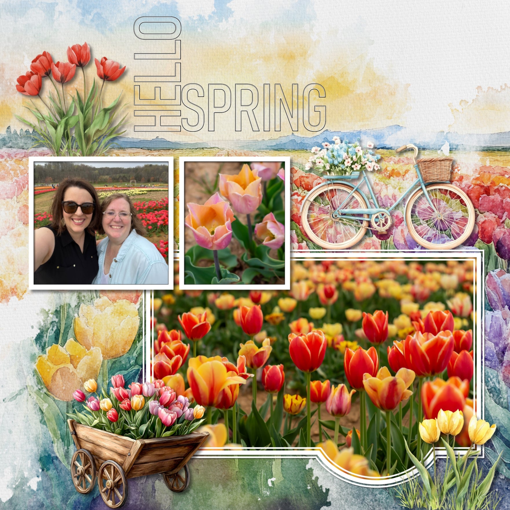 Create stylish digital scrapbooking pages of your vacation or holiday to Amsterdam, Holland, or The Netherlands with these beautiful watercolor embellishments, papers, and tulip overlays by Lucky Girl Creative digital art. Great for spring flower garden pages, too! Embellishments include bird, egret, heron, swan, cow, deep, fish, fox, Highland cow, seal, architecture, building, home, house, bag, bicycle, flag of The Netherlands, river boat, cruise, bridge, castle, beer, Dutch children, wooden shoes, tulips.