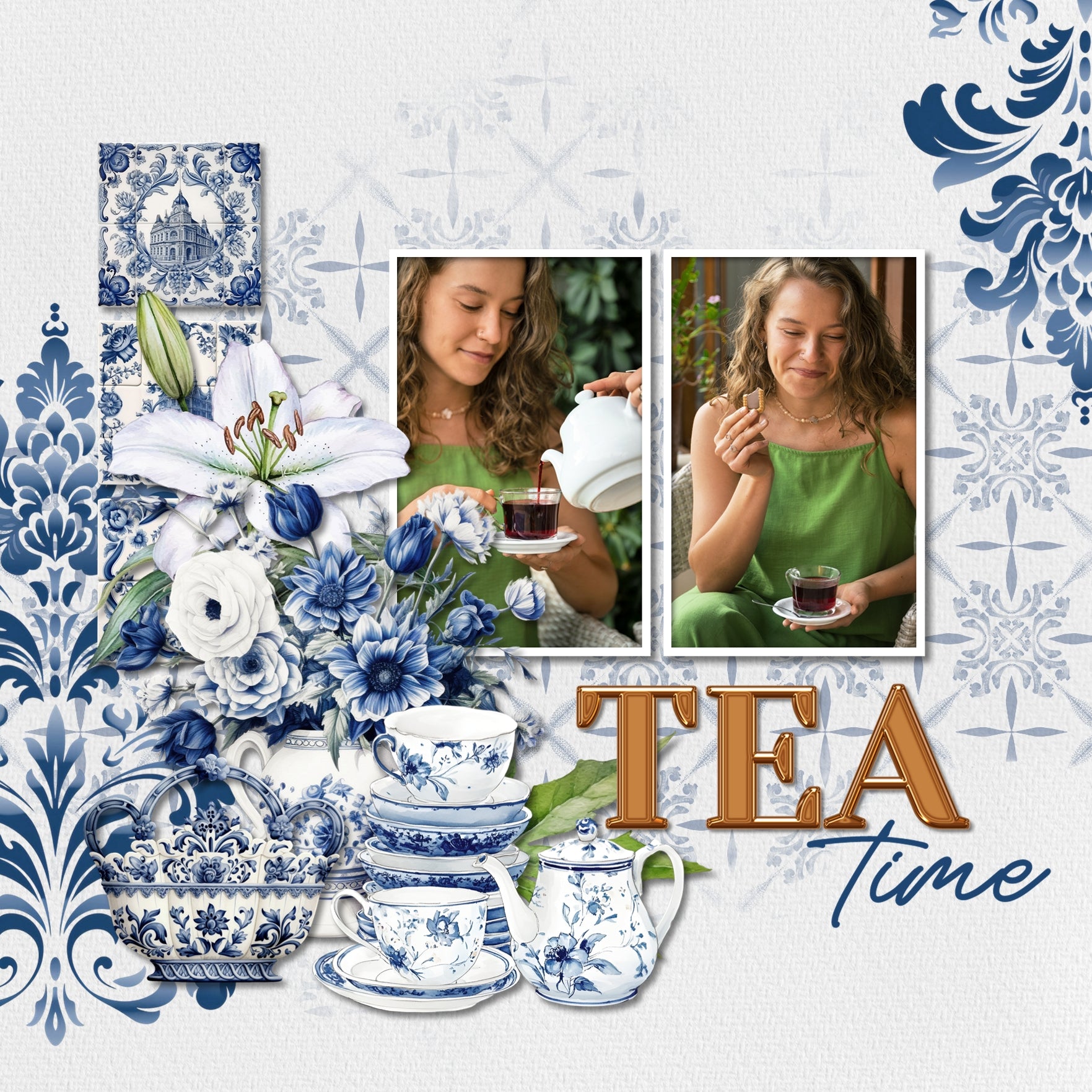 Create stylish digital scrapbooking pages of your vacation or holiday to Amsterdam, Holland, or The Netherlands with these blue and white traditional Dutch tile earthenware watercolor background papers by Lucky Girl Creative digital art. This kit is NOT included in any bundle.