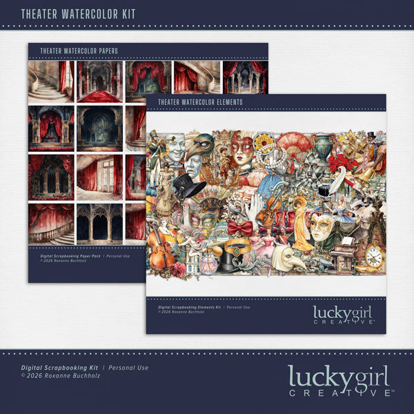 Break a leg with this drama filled elements and paper kit by Lucky Girl Creative digital art! Document your outings to the theater with these beautiful, vintage watercolor embellishments and pretty papers. Great for seeing plays on Broadway, the opera, your local playhouse or music concerts, the symphony, or any orchestra event. Embellishments include ballet, program, bell, bird, ceiling, clouds, cherub, bow tie, dress, gloves, hat, purse, top hat, column, cloak, robe, curtains, drapes, ornate decorations