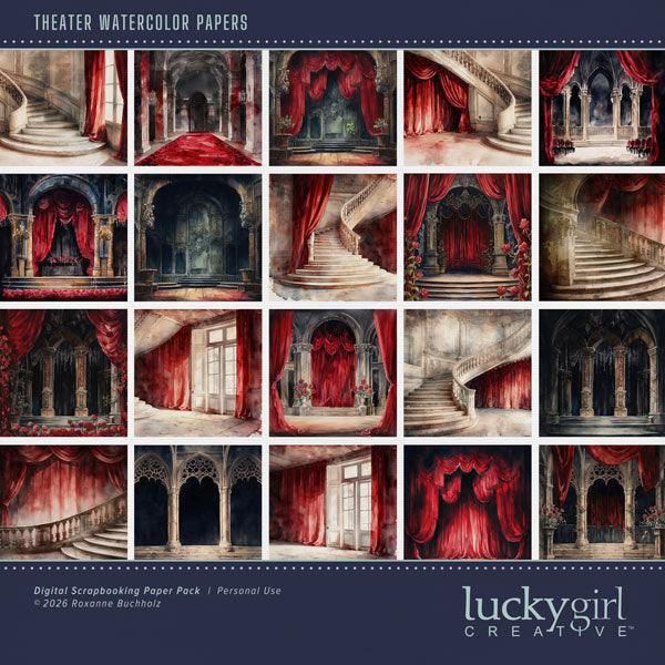 Break a leg with this drama filled paper pack by Lucky Girl Creative digital art! Document your outings to the theater with these beautiful, vintage watercolor digital scrapbooking papers. Great for seeing plays on Broadway, the opera, your local playhouse or music concerts, the symphony, or any orchestra event. This kit is included in the Theater Watercolor Kit.