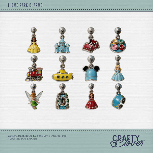 Let's make memories ride by ride! Document your memories with these fun theme park, amusement park, and adventure park charms by Crafty Clover digital art in pewter and enamel! Great for themed birthday parties, carnivals, and school festivals, too! Charm embellishments include hat with ears, castle, fairy, princess, log ride, teacups, roller coaster, submarine, train, and wristband watch. This kit is NOT included in any bundle.