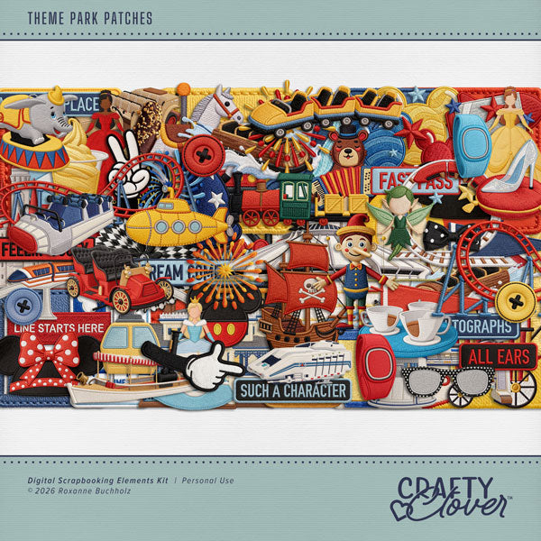 Let's make memories ride by ride! Document your memories with these fun theme park, amusement park, and adventure park embroidered patches by Crafty Clover digital art! Great for themed birthday parties, carnivals, and school festivals, too! Embellishments include balloons, bear, bow tie, buttons, carousel horse, castle, horse carriage, glass slipper, fairy, fireworks, chocolate dipped banana, hamburger, soda pop, pineapple whip, popcorn, frame, magic hat, ears, line starts here, sign, luggage tag, fingers,