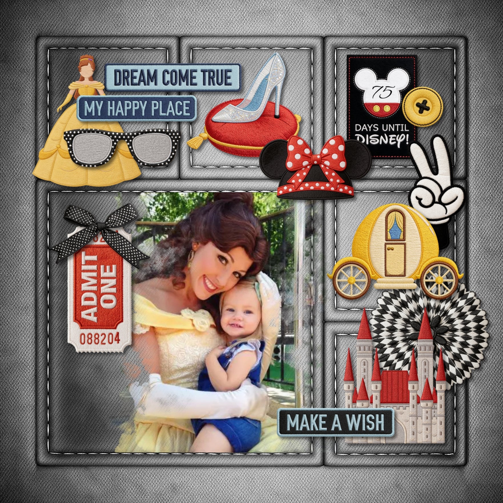 Let's make memories ride by ride! Document your memories with these fun theme park, amusement park, and adventure park embroidered patches by Crafty Clover digital art! Great for themed birthday parties, carnivals, and school festivals, too! Embellishments include balloons, bear, bow tie, buttons, carousel horse, castle, horse carriage, glass slipper, fairy, fireworks, chocolate dipped banana, hamburger, soda pop, pineapple whip, popcorn, frame, magic hat, ears, line starts here, sign, luggage tag, fingers,