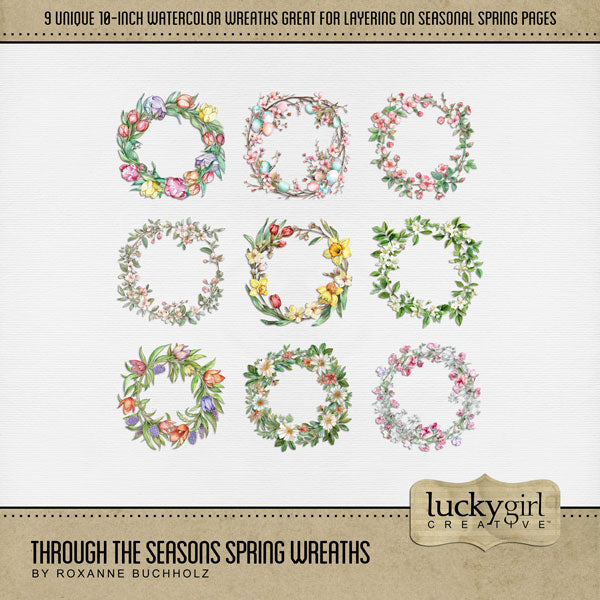 Add these beautiful digital scrapbooking watercolor wreaths by Lucky Girl Creative digital art to all your spring, Easter, and garden digital scrapbooking pages, albums, holiday greeting cards, and wall decor! Each wreath is 10" wide but can be re-sized to fit your project. Elements include flowers, tulips, daisy, cherry blossoms, apple blossoms, Easter eggs, sweet peas, and daffodils. TIP: Try layering the various wreaths to create a new look every time. 