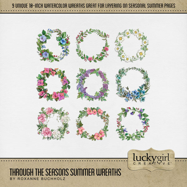 Add these beautiful watercolor wreaths by Lucky Girl Creative digital art to all your seasonal digital scrapbooking pages, albums, holiday greeting cards, and wall decor! Each wreath is 10" wide but can be re-sized to fit your project. Elements include flowers and greenery from winter, spring, summer, and winter. TIP: Try layering the various wreaths to create a new look every time. Add photos and additional embellishments for a stunning page layout!
