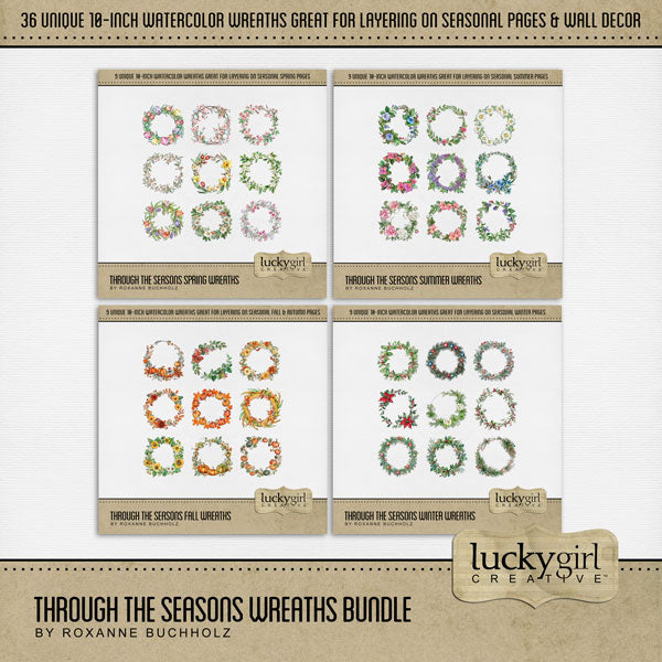 Add these beautiful watercolor wreaths by Lucky Girl Creative digital art to all your seasonal digital scrapbooking pages, albums, holiday greeting cards, and wall decor! Each wreath is 10" wide but can be re-sized to fit your project. Elements include flowers and greenery from winter, spring, summer, and winter. TIP: Try layering the various wreaths to create a new look every time. Add photos and additional embellishments for a stunning page layout!