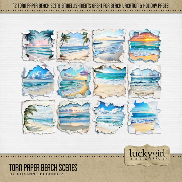 Capture the beauty of your tropical vacation with these beautiful beach scenes surrounded by torn paper by Lucky Girl Creative digital art for digital scrapbooking. This kit is included in the Fairytale Watercolor Sea Bundle.
