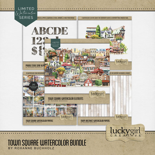 These digital scrapbooking watercolor embellishments, papers, clusters, and alpha set by Lucky Girl Creative digital art are great for documenting your memories of your local town, village, city square, or vacations to the big city. Embellishments include building, architecture, art boutique, apartment building, row house, house, bakery, bank, barber shop, beauty salon, department store, cafe, diner, casino, church, arch, gazebo, clock tower, coffee shop, community center, convenience store, and more.