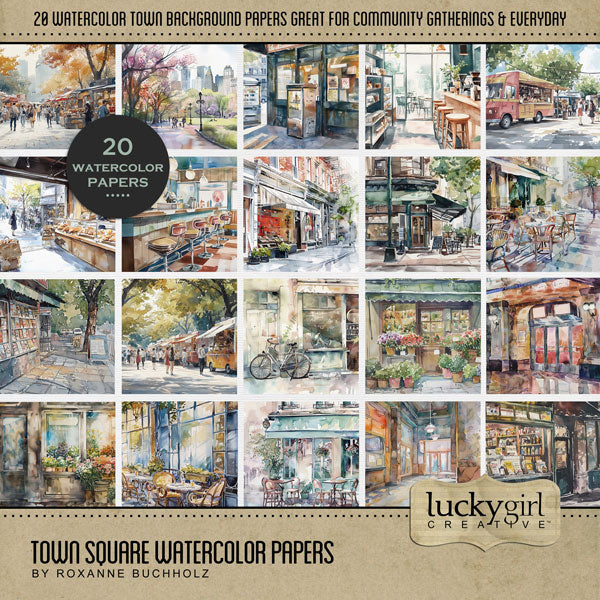 These digital scrapbooking background papers by Lucky Girl Creative digital art are great for documenting your memories of your local town, village, city square, or vacations to the big city. Outdoor scenes include food truck, park, news stand, cafe, coffee shop, retail shopping, diner, department store, flower shop, outdoor market, and more. This kit is included in the Town Square Watercolor Bundle.