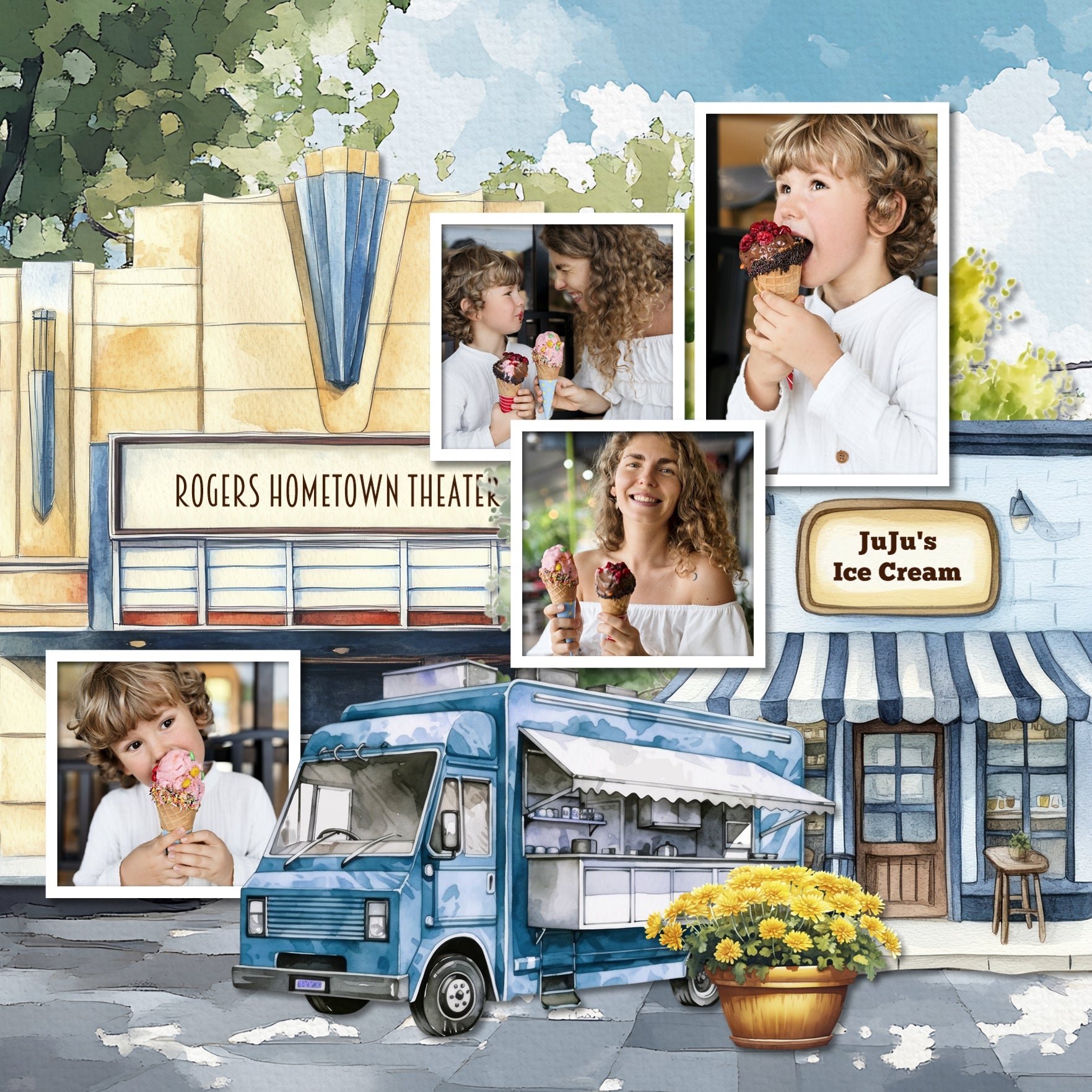 These digital scrapbooking watercolor embellishments, papers, clusters, and alpha set by Lucky Girl Creative digital art are great for documenting your memories of your local town, village, city square, or vacations to the big city. Embellishments include building, architecture, art boutique, apartment building, row house, house, bakery, bank, barber shop, beauty salon, department store, cafe, diner, casino, church, arch, gazebo, clock tower, coffee shop, community center, convenience store, and more.