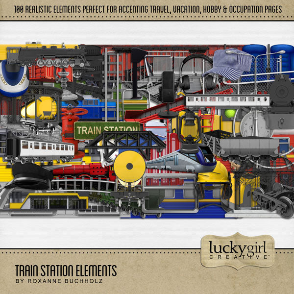 Choo-Choo! These fun digital scrapbooking embellishments by Lucky Girl Creative digital art are your ticket to ride on any page featuring train travel, railroad adventures, subway, tram, cable car, metro, and locomotive museums. Embellishments include chain link fence, barrier, handrail, turnstile, bridge, building, train station, caboose, engine, conductor cap, hat, open carrier, coal car, forklift, container, steam engine, engineer headset, and more.