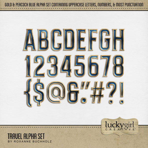Create beautiful page titles with these gold and blue digital scrapbooking alphabet letters, numbers, and punctuation by Lucky Girl Creative digital art. Perfect for everyday pages and travel vacations. The Travel Alpha Set consists of a full set of digital art uppercase letters A-Z, numbers 0-9, and most punctuation marks. This alpha set is available as individual embellishments only. This kit is included in the Travel Landmarks Watercolor Mega Bundle.