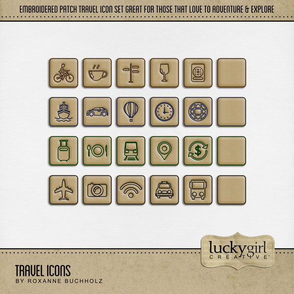 Quickly and easily add a playful page title to all your travel pages with these embroidered patches by Lucky Girl Creative digital art for digital scrapbooking with fun vacation and transportation icons. Icons include airplane, plane, car, auto, automobile, bike, bicycle, ship, cruise ship, boat, bus, tour bus, camera, coffee, tea, directional sign, food, place setting, world, hot air balloon, location marker, train, railway, money, passport, suitcase, luggage, taxi, clock, time, wifi, internet, and wine .