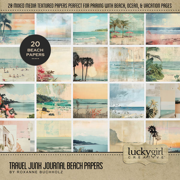 These beautiful beach papers by Lucky Girl Creative digital art are the perfect addition to your vacation, beach, and ocean adventures. Great for holidays to Hawaii, the Caribbean, Florida, California, the Outer Banks, and New England. Each paper is designed using layers of mixed media elements in a junk journal style of newspaper bits, paint, torn paper, and photographs. Images include beach, sea, ocean, coast, palm trees, flowers, sunset, island, waves, and more.