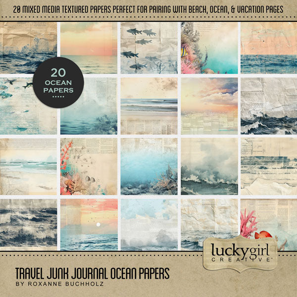 These beautiful ocean digital scrapbooking papers by Lucky Girl Creative digital art are the perfect addition to your vacation, beach, and ocean adventures. Great for holidays to Hawaii, the Caribbean, Florida, California, the Outer Banks, and New England. Each paper is designed using layers of mixed media elements in a junk journal style of newspaper bits, paint, torn paper, and photographs. Images include beach, sea, ocean, coast, palm trees, flowers, sunset, island, waves, and more.
