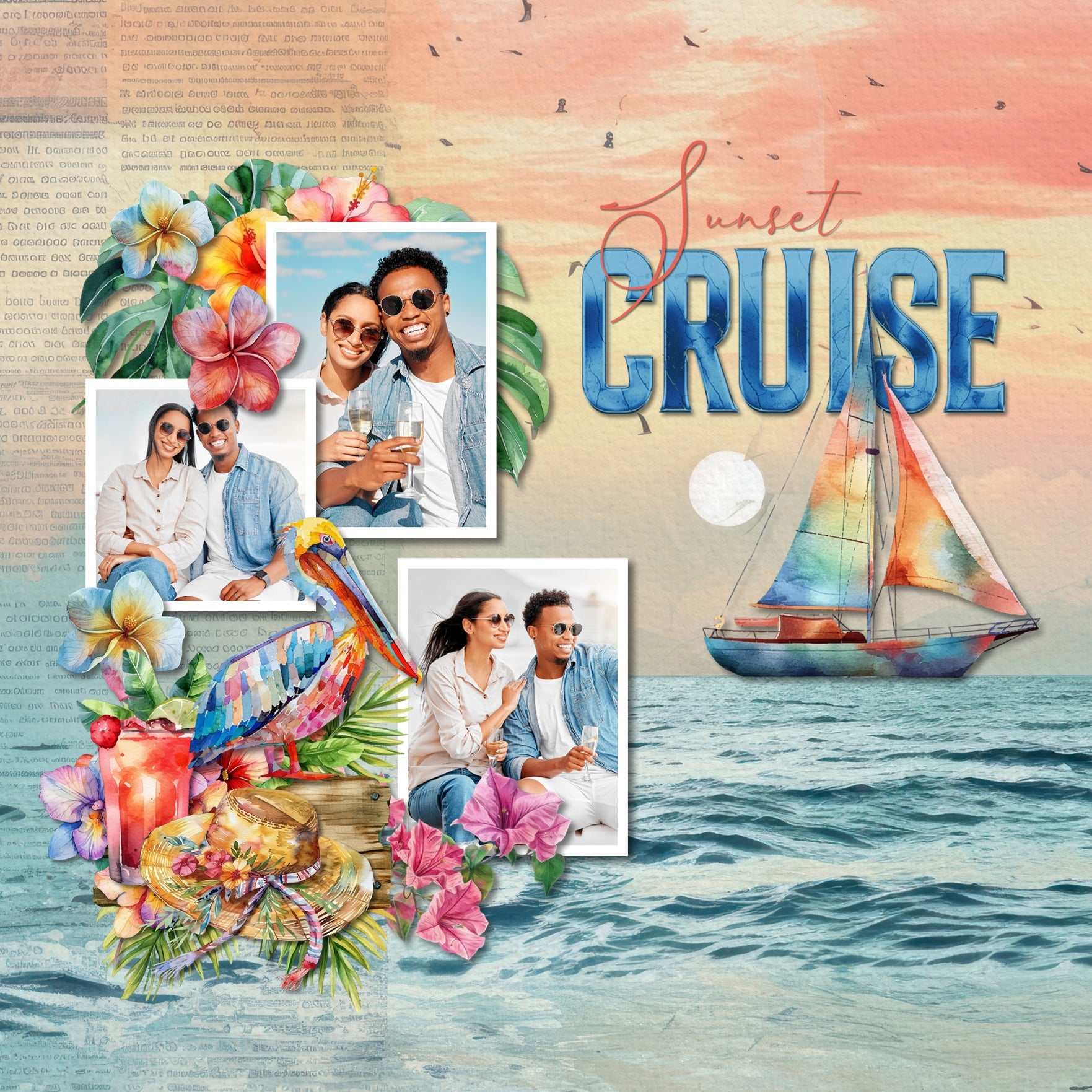 These beautiful ocean digital scrapbooking papers by Lucky Girl Creative digital art are the perfect addition to your vacation, beach, and ocean adventures. Great for holidays to Hawaii, the Caribbean, Florida, California, the Outer Banks, and New England. Each paper is designed using layers of mixed media elements in a junk journal style of newspaper bits, paint, torn paper, and photographs. Images include beach, sea, ocean, coast, palm trees, flowers, sunset, island, waves, and more.