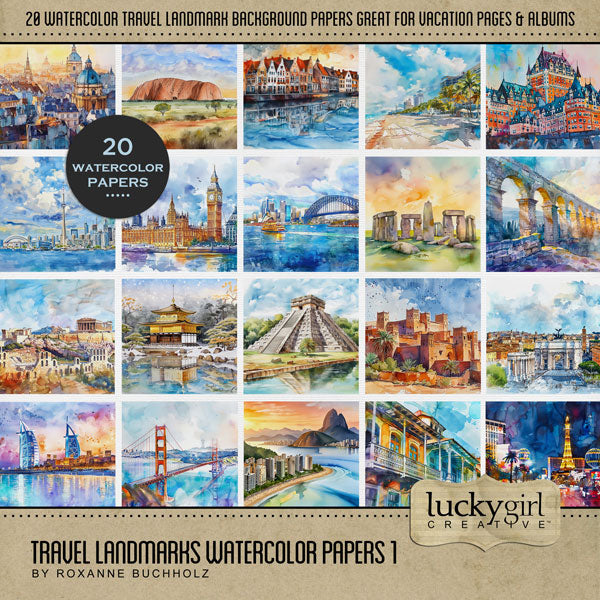 Designed with the world traveler in mind, this beautiful watercolor paper pack collection by Lucky Girl Creative digital art showcases international landmarks. Landscapes include Australia, Sydney, Uluru, Austria, Vienna, Belgium, Bruges, Brazil, Rio do Janeiro, Canada, Quebec City, Toronto, Big Ben, England, London, Stonehenge, France, Pont du Gard, Greece, Acropolis, Athens, Italy, Milan, Arco Della Pace, Japan, Golden Pavilion, Mexico, Chechen Itza, pyramid, Morocco, United Arab Emirates, Dubai