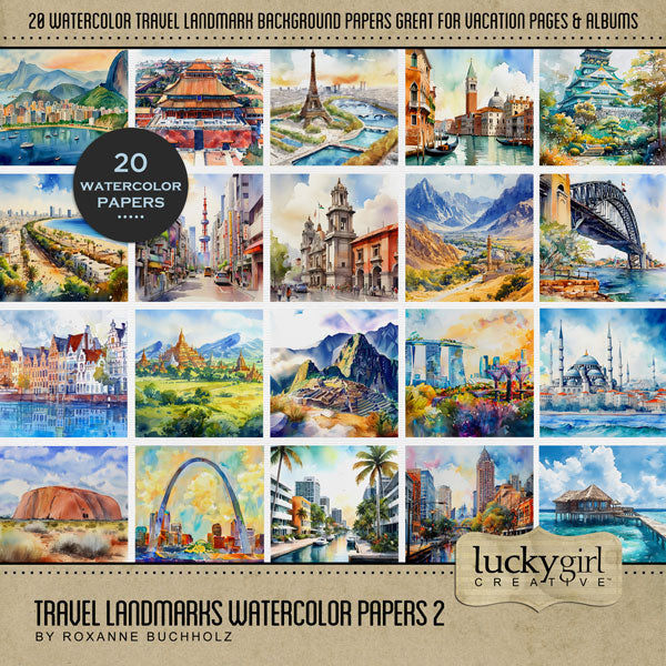 Designed with the world traveler in mind, this beautiful watercolor paper pack collection by Lucky Girl Creative digital art showcases international landmarks. Landscapes include Australia, Sydney Harbor Bridge, Uluru, Bora Bora, Maldives, Brazil, Rio do Janeiro, China, Beijing, Forbidden City, France, Paris, Eiffel Tower, Israel, Tel Aviv, Italy, Venice, Osaka Castle, Japan, Tokyo, Mexico City, Middle East, Myanmar Bagan Ananda Pagoda, Netherlands, Amsterdam, Peru, Machu Picchu, Singapore, Marina Bay Sands