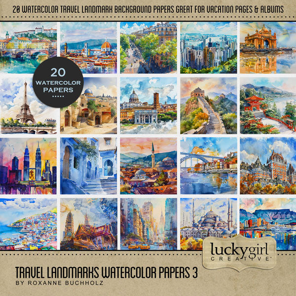 Designed with the world traveler in mind, this beautiful watercolor paper pack collection by Lucky Girl Creative digital art showcases international landmarks. Landscapes include Austria, Salzburg, fortress, Canada, Chateau Frontenac, Quebec City, China, Great Wall, France, Paris, Eiffel Tower, Hong Kong, India, Mumbai Gateway, Israel, Jerusalem, Italy, Florence, Duomo Palazzo Vecchio, Italy, Rome, St. Peter's Basilica, Japan, Malaysia, Kuala Lumpur, Petronas Towers, Morocco, Blue City, North Macedonia