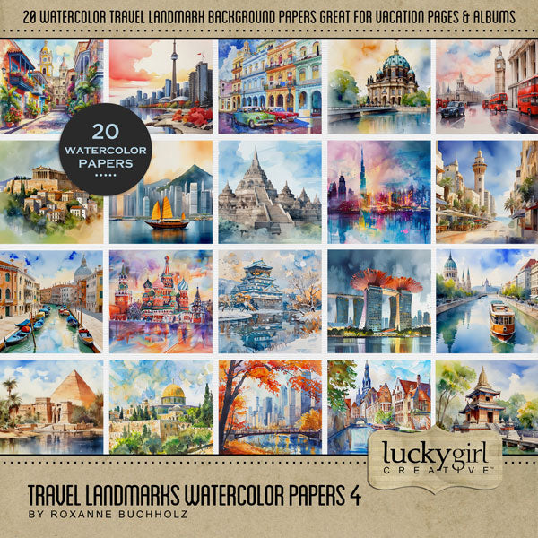 Designed with the world traveler in mind, this beautiful watercolor paper pack collection by Lucky Girl Creative digital art showcases international landmarks. Landscapes include CN Tower in Canada, Columbia, Cartagena, Cuba, Havana, Egypt, London, Canal, Germany, Greece, Parthenon, Athens, Berlin, cathedral, Hungary, Budapest, Indonesia, Java, Borobudur Temple, Jerusalem, Dome of the Rock, Israel, Tel Aviv, Italy, Venice, Japan, Osaka Castle, Russia, Red Square, Singapore, Marina Bay Sands, Southeast Asia,