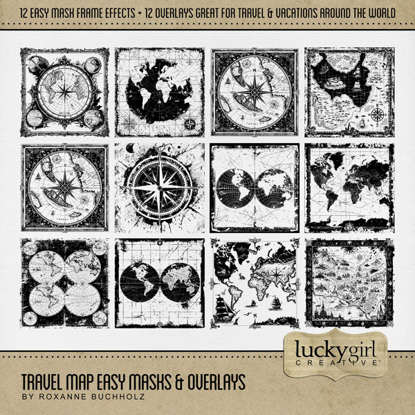 Designed for the world traveler, these photo masks and overlays are perfect for creating your own unique page backgrounds. With 12 unique photo masks, these designs can be filled with paper or photos, colorized, or used as Blend effects. Masks include vintage maps, globe, compass, and more! In Photoshop, add the photo mask to your page, overlay with your favorite photo or digital paper, and create a clipping path for a stunning result. This kit is NOT included in any bundle.