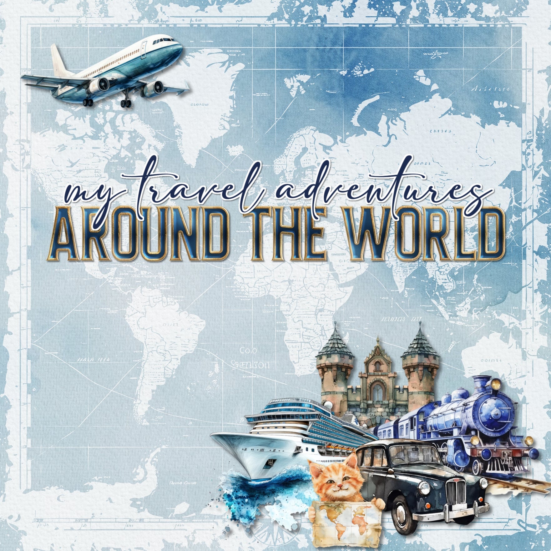 Planes, trains, and automobiles! Add beautiful watercolor transportation themed embellishments and background papers by Lucky Girl Creative digital art to all your travel digital scrapbooking pages! Embellishments include airport, tower, airplane, plane, aircraft, prop plane, commercial airliner, passenger plane, cat, dog, map, car, automobile, taxi, sports car, London taxi, beach bag, cruise ship, cruise liner, ferry, boat, sailboat, brick, bridge, castle, bells, church, skyscraper, bus, tour bus
