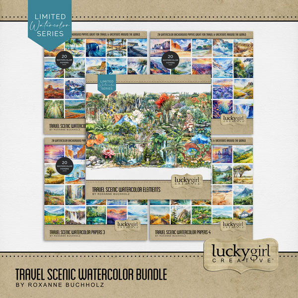 Add beautiful watercolor flora and fauna embellishments and papers by Lucky Girl Creative digital art to all your travel, outdoor, and nature digital scrapbooking pages! Embellishments include meadow, hill, bamboo, wildflowers, beach, shore, sea, ocean, coast, bridge, bushland, canyon, cliffs, cloud, wave, dam, desert, natural arch, cactus, succulent, dock, wharf, pier, fern, field, fjord, waterlily, flower, poppy, gate, forest, evergreen, pine, river, stream, gazebo, Giants Causeway, grass, cattails