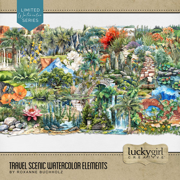 Add beautiful watercolor background papers by Lucky Girl Creative digital art to all your travel, outdoor, and nature digital scrapbooking pages! Embellishments include meadow, hill, bamboo, wildflowers, beach, shore, sea, ocean, coast, bridge, bushland, canyon, cliffs, cloud, wave, dam, desert, natural arch, cactus, succulent, dock, wharf, pier, fern, field, fjord, waterlily, flower, poppy, gate, forest, evergreen, pine, river, stream, gazebo, Giants Causeway, grass, cattails, island, geyser, hot springs