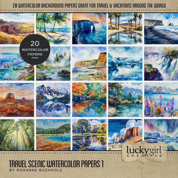 Add beautiful watercolor background papers by Lucky Girl Creative digital art to all your travel, outdoor, and nature digital scrapbooking pages! Paper scenes include mountains, coast, cliffs, desert, river, snow covered mountain, beach, tropical jungle, lake, geyser, Badlands, canyon, stream, oasis, iceberg, glacier, Redwood trees, waterfall, and more. This kit is included in the Travel Scenic Watercolor Bundle.