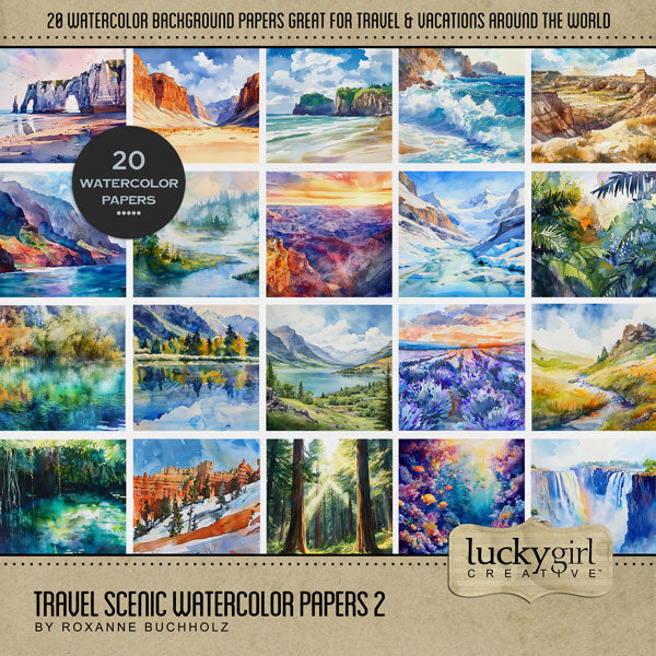 Add beautiful watercolor background papers by Lucky Girl Creative digital art to all your travel, outdoor, and nature digital scrapbooking pages! Paper scenes include mountains, coast, cliffs, desert, river, snow covered mountain, beach, tropical jungle, lake, rice field, Badlands, canyon, stream, Redwood forest, underwater, waterfall, and more. This kit is included in the Travel Scenic Watercolor Bundle.