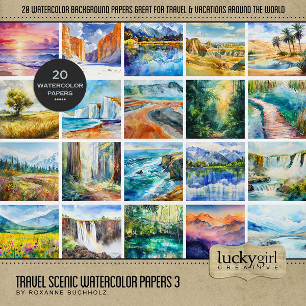 Add beautiful watercolor background papers by Lucky Girl Creative digital art to all your travel, outdoor, and nature digital scrapbooking pages! Paper scenes include mountains, Redwood forest, boardwalk, cliffs, desert, river, oasis, snow covered mountain, beach, tropical jungle, palm trees, lake, rice field, Badlands, canyon, waterfalls, and more. This kit is included in the Travel Scenic Watercolor Bundle.