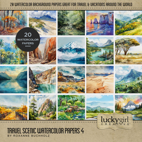 Add beautiful watercolor background papers by Lucky Girl Creative digital art to all your travel, outdoor, and nature scrapbooking pages! Paper scenes include mountains, forest, coastal dunes, cliffs, desert, river, lily pond, snow covered mountain, tropical jungle, palm trees, lake, rice field, sand dunes, savanna, terrace, vineyard, and more. This kit is included in the Travel Scenic Watercolor Bundle.