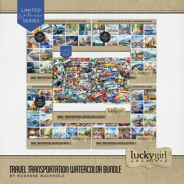 Planes, trains, and automobiles! Add beautiful watercolor transportation themed embellishments and background papers by Lucky Girl Creative digital art to all your travel digital scrapbooking pages! Embellishments include airport, tower, airplane, plane, aircraft, prop plane, commercial airliner, passenger plane, cat, dog, map, car, automobile, taxi, sports car, London taxi, beach bag, cruise ship, cruise liner, ferry, boat, sailboat, brick, bridge, castle, bells, church, skyscraper, bus, tour bus